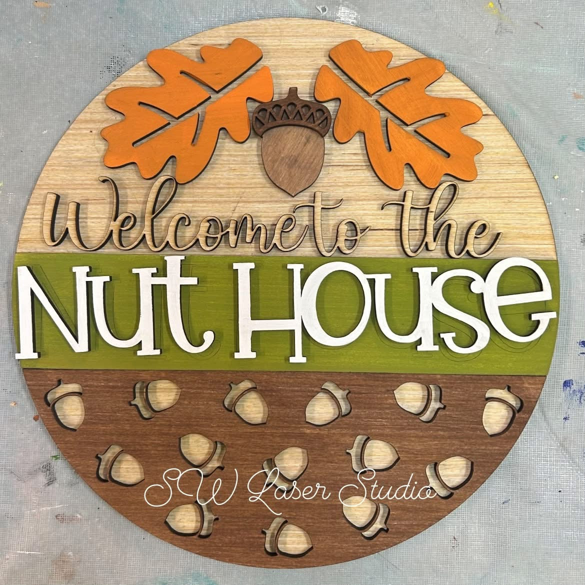0133 - DIY craft kit, Layered Fall Sign, Nuthouse, Welcome, Laser Cut Decor