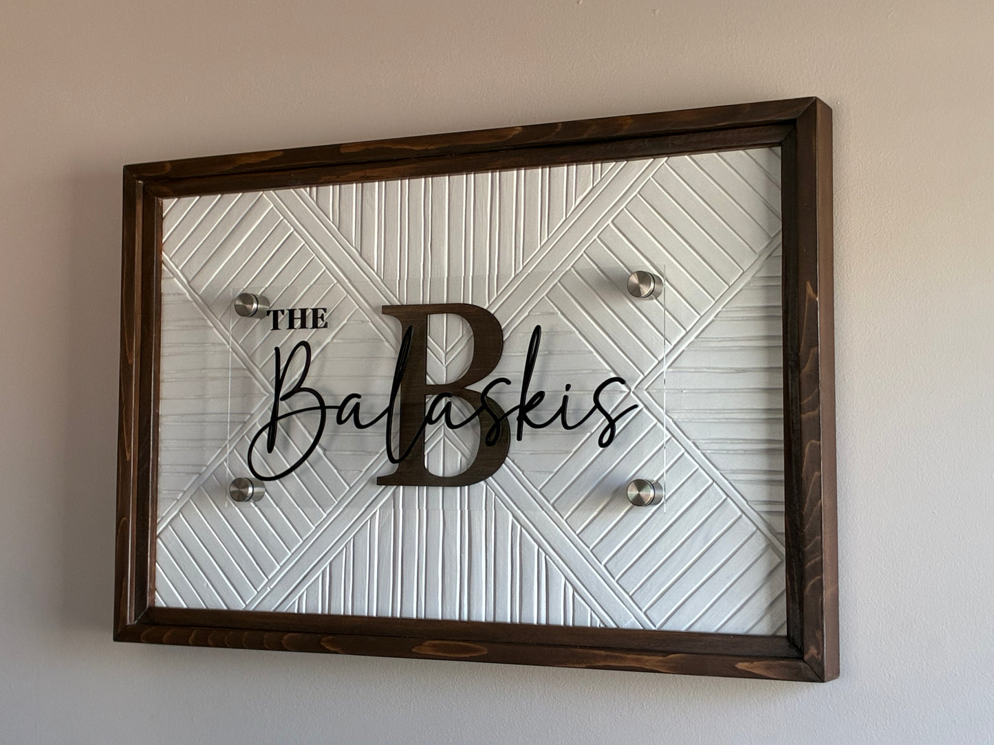 Handcrafted Wood Wall Art Personalized Family Name Sign Rustic Farmhouse Style Custom Last Name Plaque Reclaimed Wood Pieces Mosaic Pattern Design Perfect Housewarming Gift Wedding Present Living Room Focal Point Laser Cut Acrylic Panel