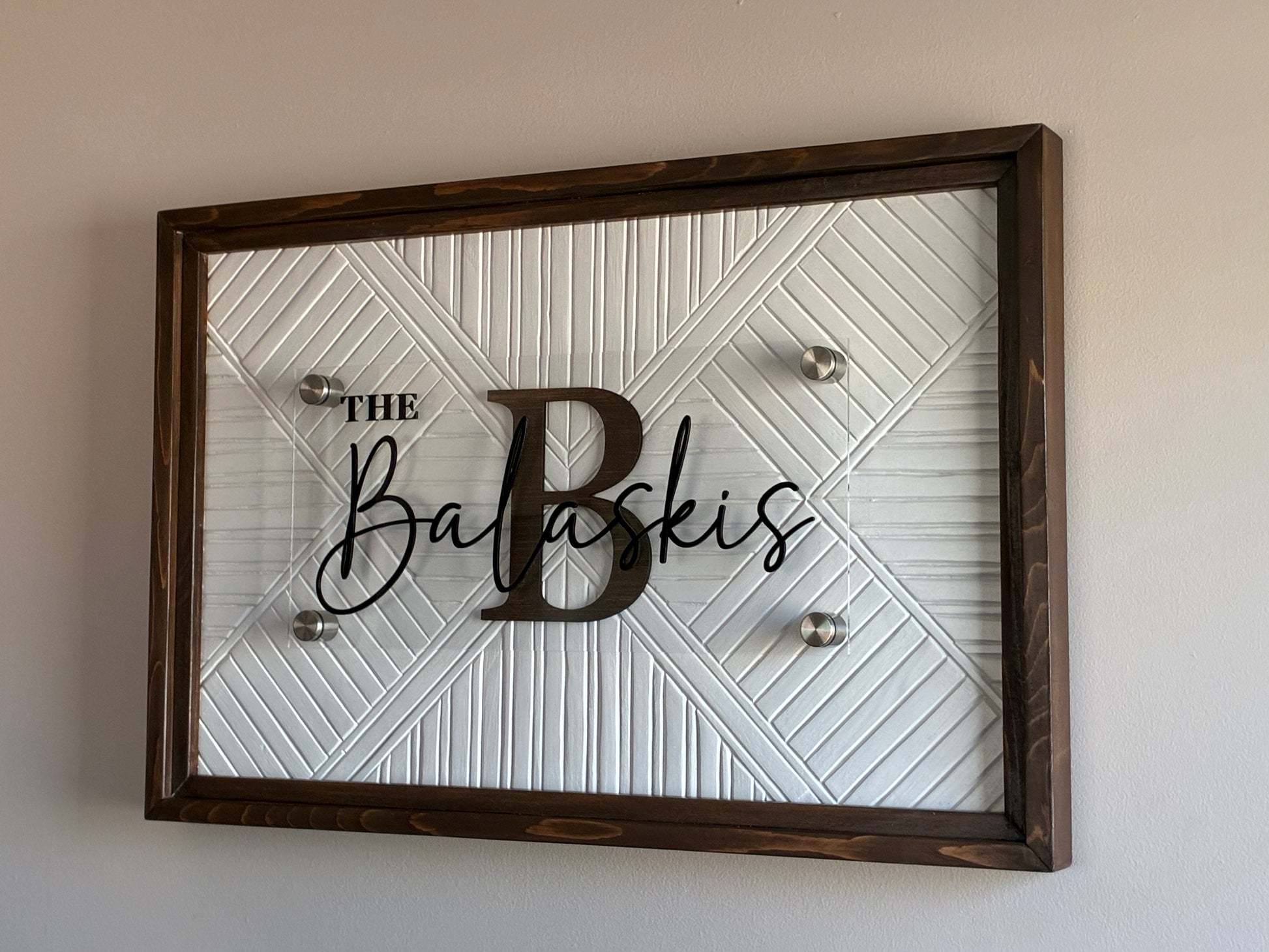 Handcrafted Wood Wall Art Personalized Family Name Sign Rustic Farmhouse Style Custom Last Name Plaque Reclaimed Wood Pieces Mosaic Pattern Design Perfect Housewarming Gift Wedding Present Living Room Focal Point Laser Cut Acrylic Panel