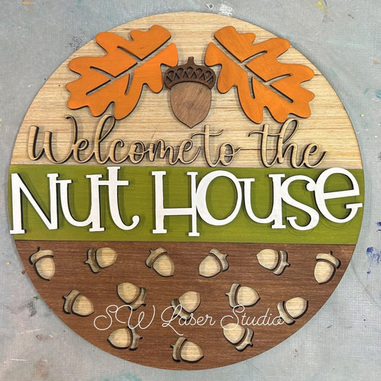 0133 - DIY craft kit, Layered Fall Sign, Nuthouse, Welcome, Laser Cut Decor